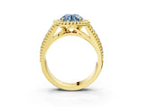 Yellow gold Fancy Blue Round Cut Halo Diamond Ring with Beaded Split Shank and Four-Prong Setting_3