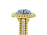 Yellow gold Fancy Blue Round Cut Halo Diamond Ring with Beaded Split Shank and Four-Prong Setting_5