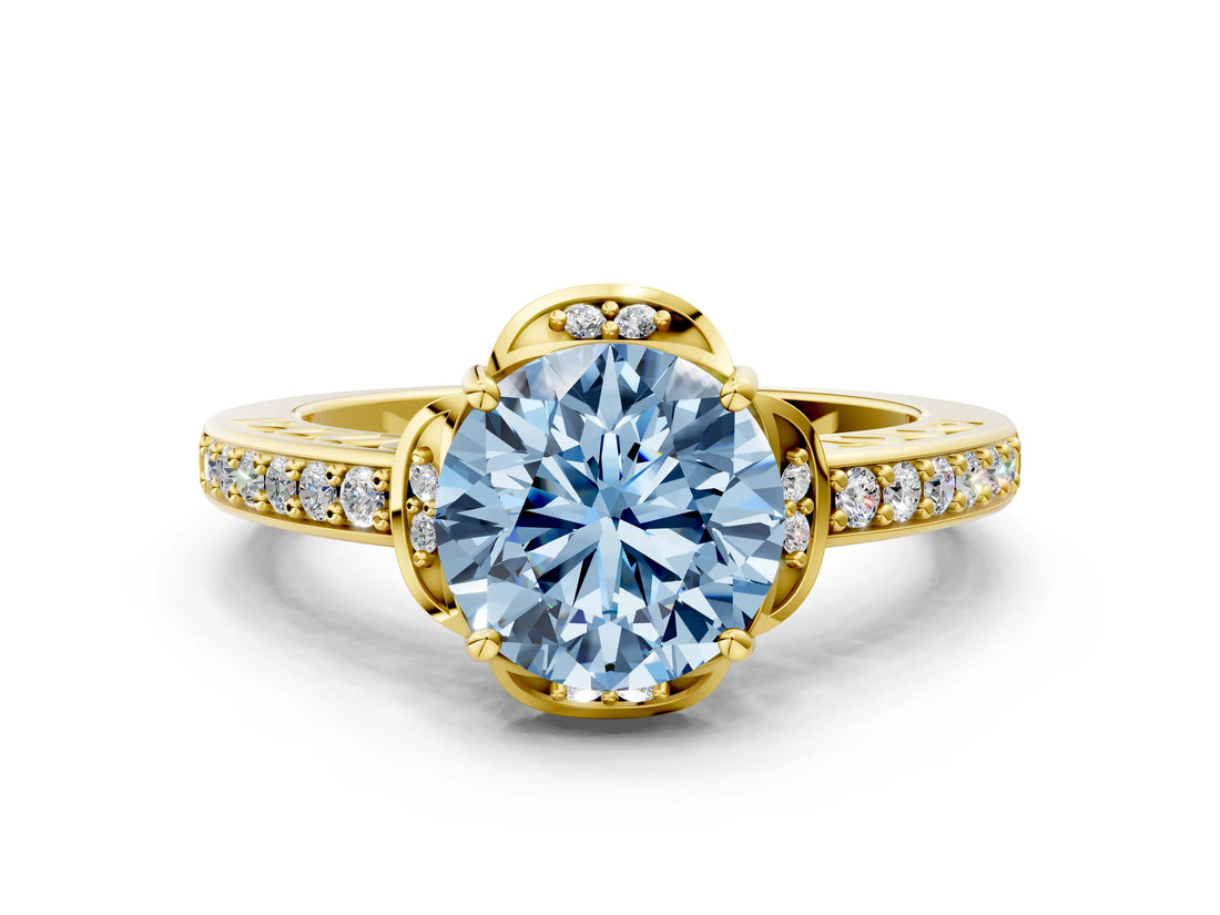 Yellow gold Fancy Blue Round  Cut Halo Diamond Ring with Channel Set Band and Four-Prong Setting_32