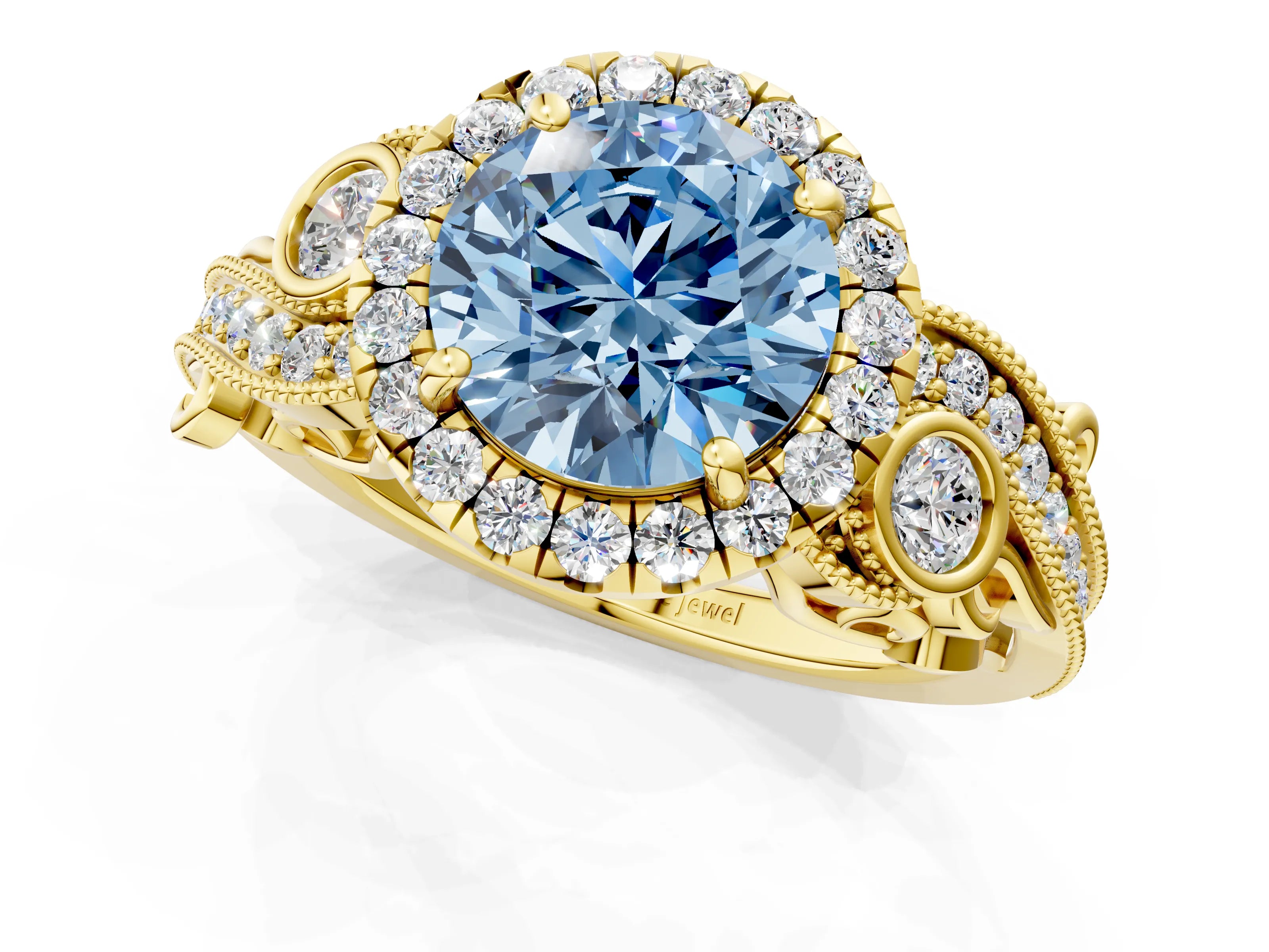 Yellow gold Fancy Blue Round Cut Halo Diamond Ring with Milgrain and Bezel Accents on a Split Shank Band_1