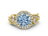 Yellow gold Fancy Blue Round Cut Halo Diamond Ring with Milgrain and Bezel Accents on a Split Shank Band_12