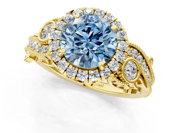 Yellow gold Fancy Blue Round Cut Halo Diamond Ring with Milgrain and Bezel Accents on a Split Shank Band
