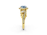 Yellow gold Fancy Blue Round Cut Halo Diamond Ring with Milgrain and Bezel Accents on a Split Shank Band_14