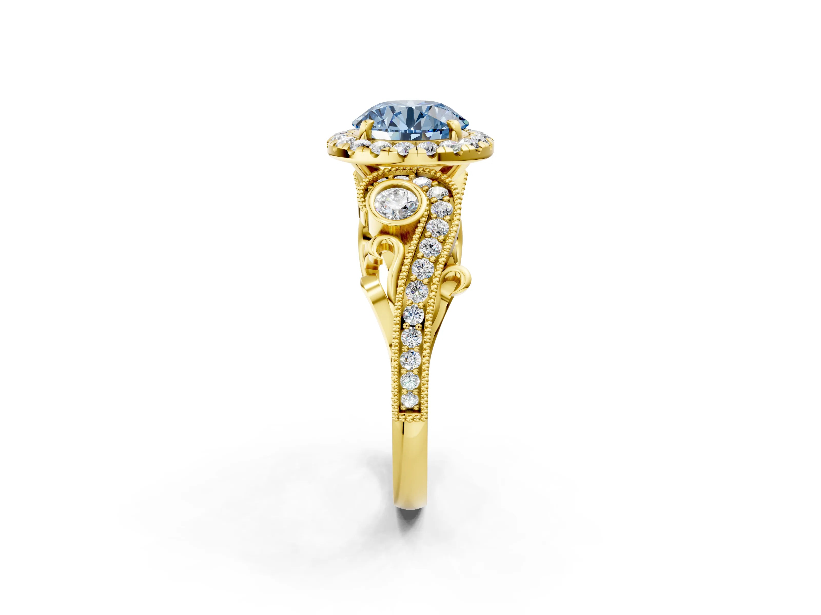 Yellow gold Fancy Blue Round Cut Halo Diamond Ring with Milgrain and Bezel Accents on a Split Shank Band_2