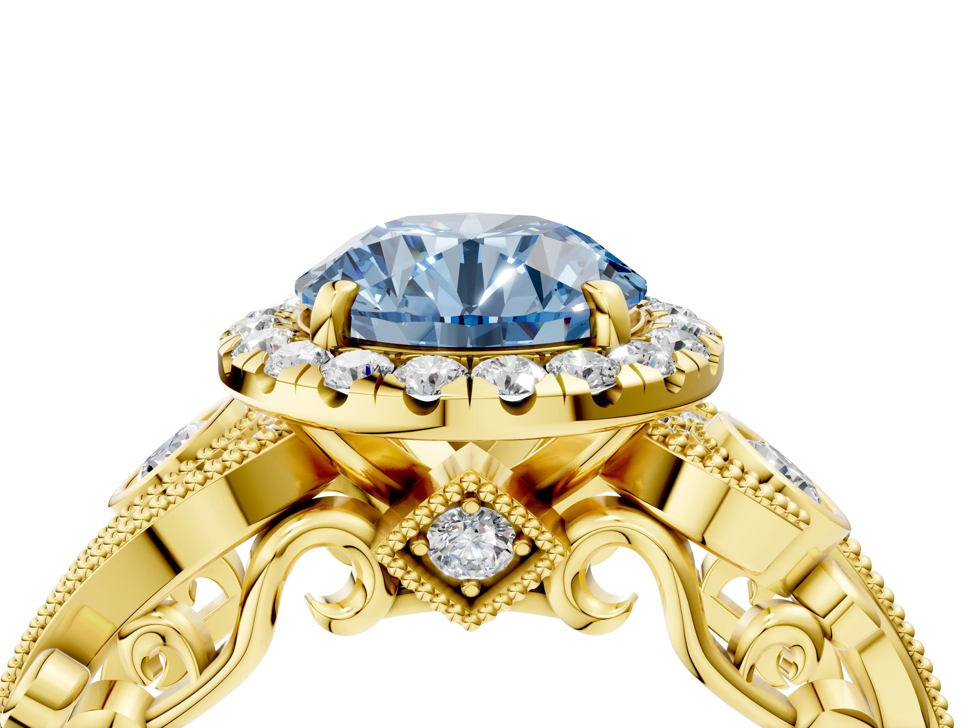 Yellow gold Fancy Blue Round Cut Halo Diamond Ring with Milgrain and Bezel Accents on a Split Shank Band_4