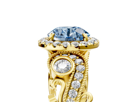 Yellow gold Fancy Blue Round Cut Halo Diamond Ring with Milgrain and Bezel Accents on a Split Shank Band_5