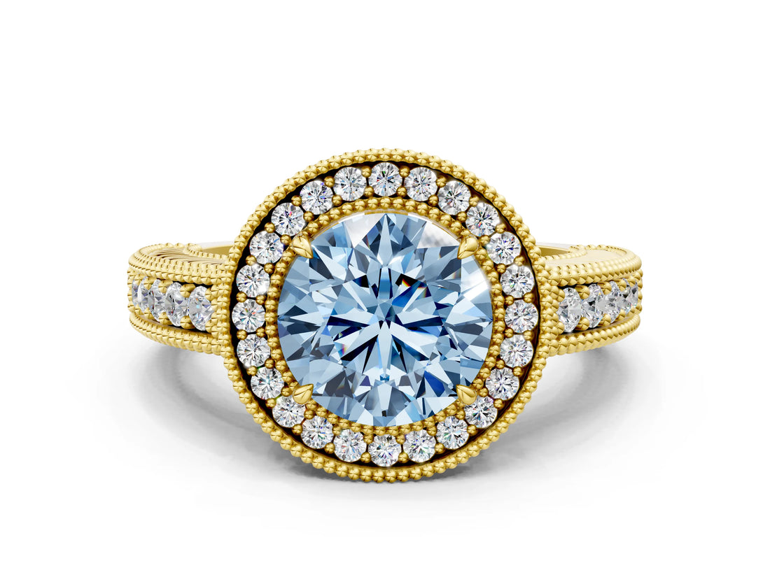 Yellow gold Fancy Blue Round  Cut Halo Diamond Ring with Pavé Band and Four-Prong Setting_81