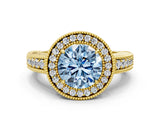 Yellow gold Fancy Blue Round  Cut Halo Diamond Ring with Pavé Band and Four-Prong Setting_81