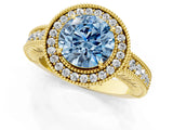 Yellow gold Fancy Blue Round  Cut Halo Diamond Ring with Pavé Band and Four-Prong Setting_82