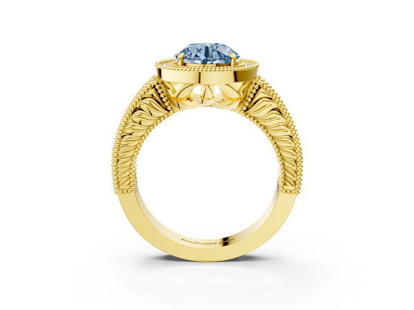Yellow Gold Round Vintage Milgrain Halo Engagement Ring Setting for Fancy Blue Center with Pave Band