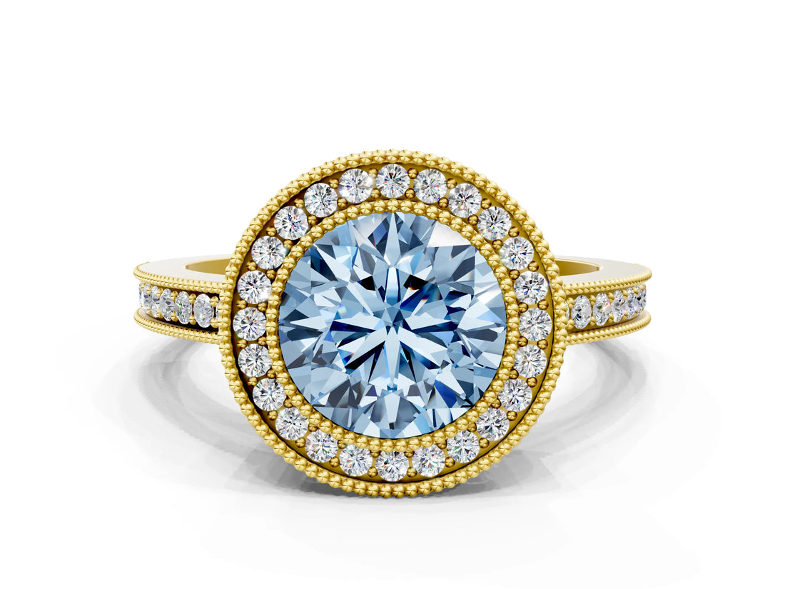 Yellow gold Fancy Blue Round  Cut Halo Diamond Ring with Pavé Band and Milgrain Prong Setting_32