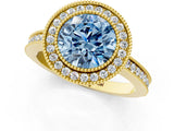 Yellow gold Fancy Blue Round  Cut Halo Diamond Ring with Pavé Band and Milgrain Prong Setting_33