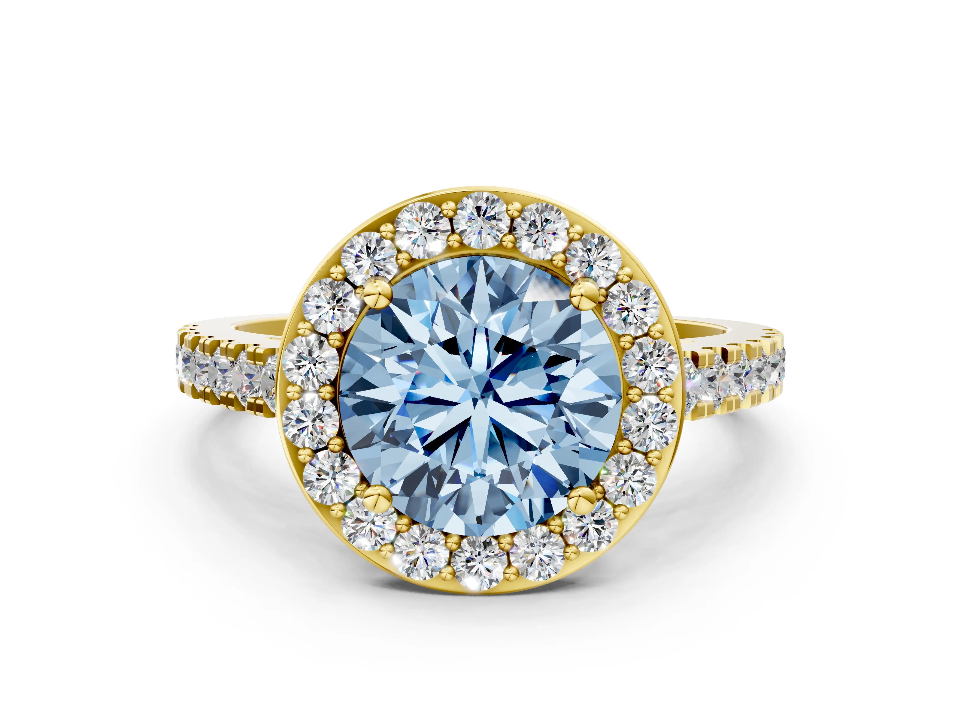 Yellow gold Fancy Blue Round Cut Halo Diamond Ring with Pavé Band and Three-Prong Setting
