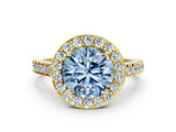 Yellow gold Fancy Blue Round Cut Halo Diamond Ring with Pavé Band and Three-Prong Setting