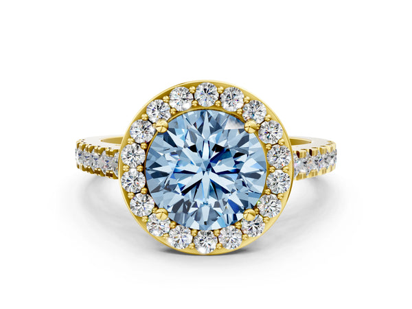 Yellow gold Fancy Blue Round Cut Halo Diamond Ring with Pavé Band and Three-Prong Setting