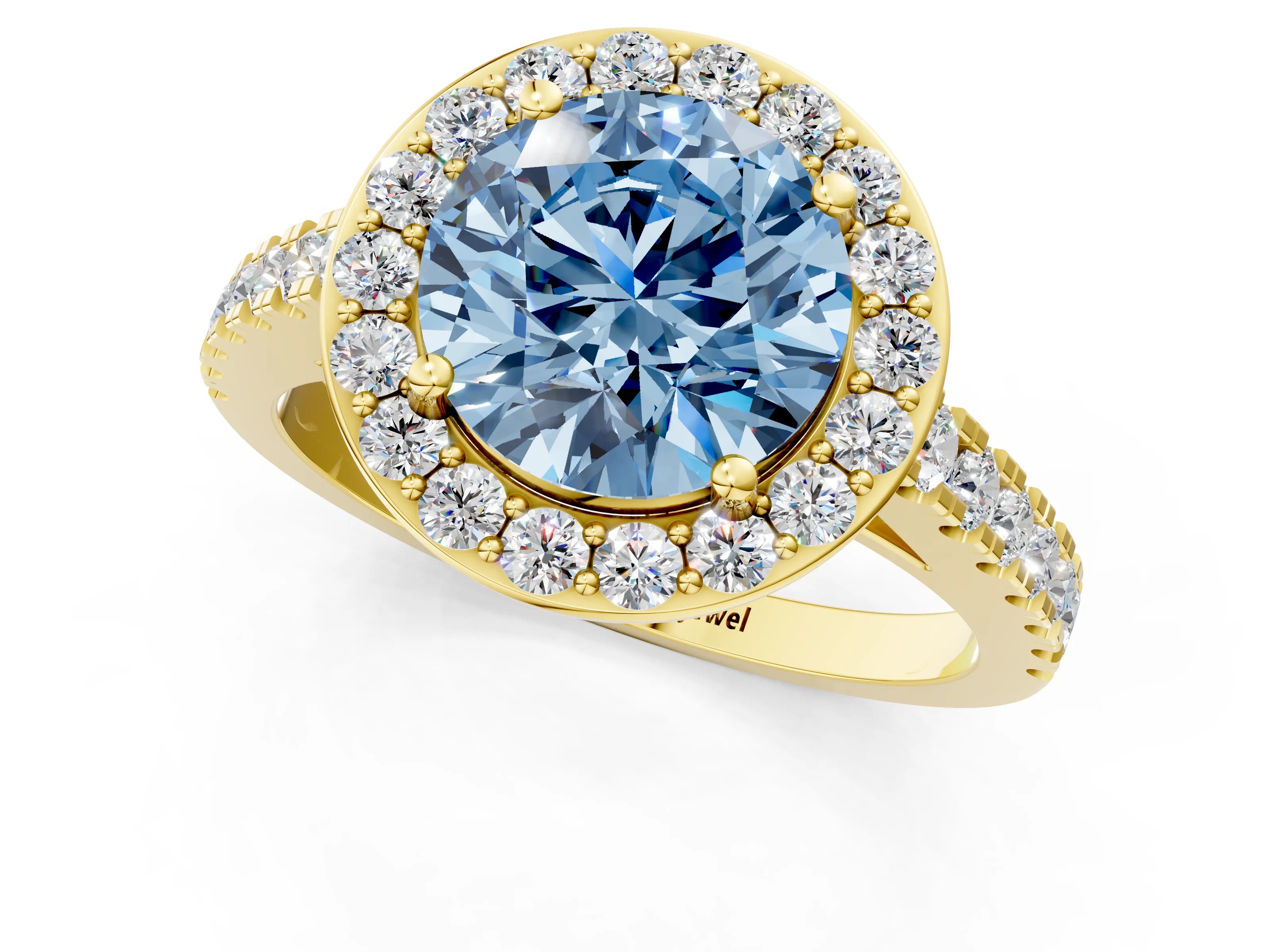 Yellow gold Fancy Blue Round Cut Halo Diamond Ring with Pavé Band and Three-Prong Setting_1