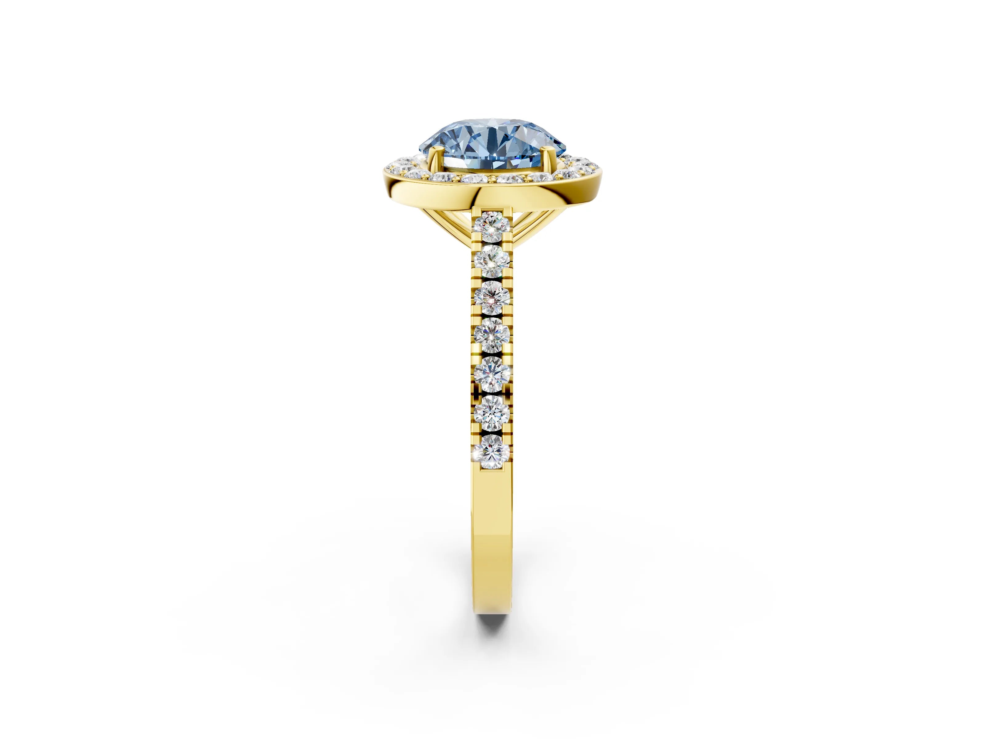 Yellow gold Fancy Blue Round Cut Halo Diamond Ring with Pavé Band and Three-Prong Setting_2