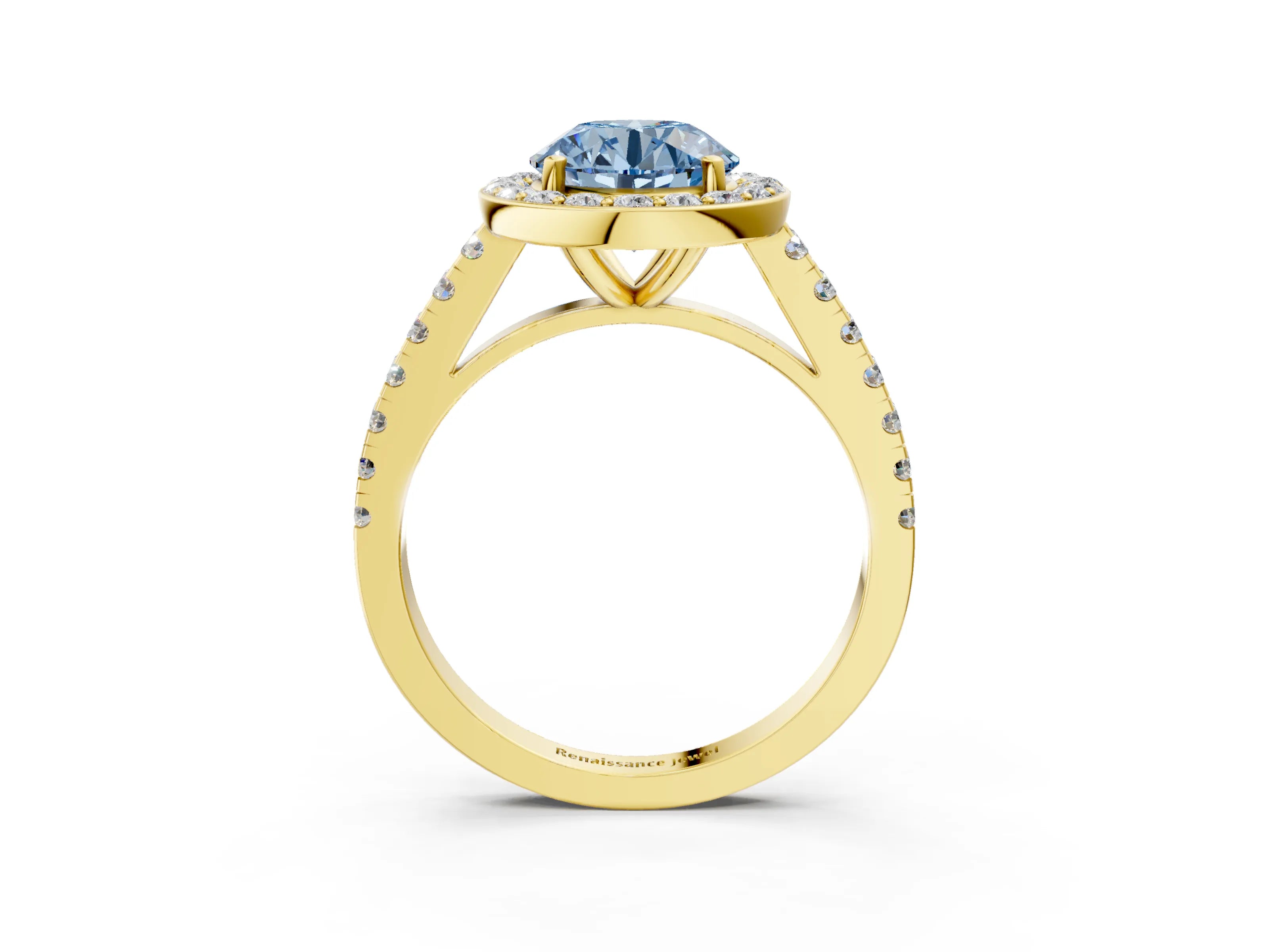 Yellow gold Fancy Blue Round Cut Halo Diamond Ring with Pavé Band and Three-Prong Setting_3