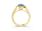 Yellow gold Fancy Blue Round Cut Halo Diamond Ring with Pavé Band and Three-Prong Setting_3