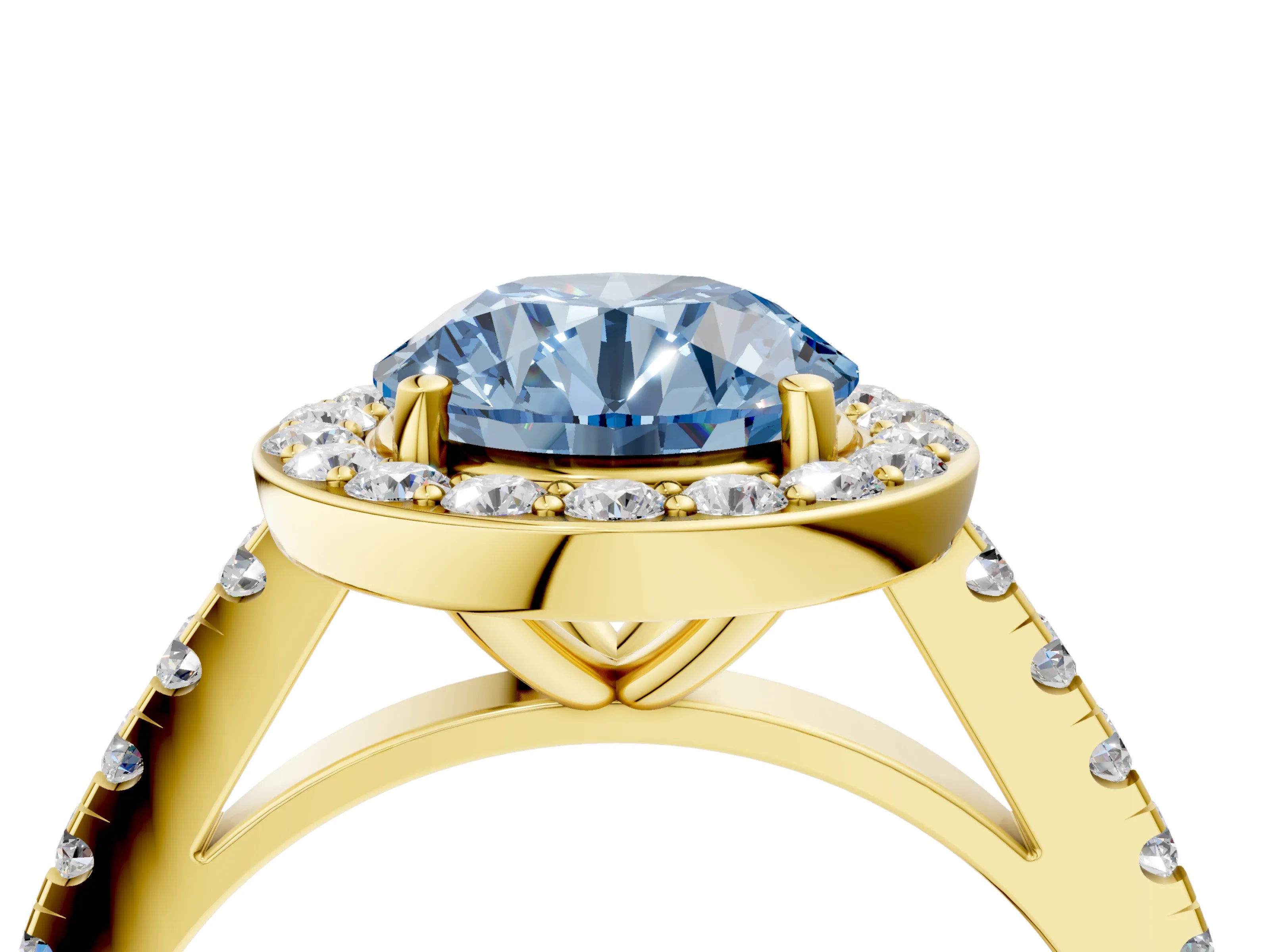 Yellow gold Fancy Blue Round Cut Halo Diamond Ring with Pavé Band and Three-Prong Setting_4