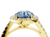 Yellow gold Fancy Blue Round Cut Halo Diamond Ring with Pavé Band and Three-Prong Setting_4