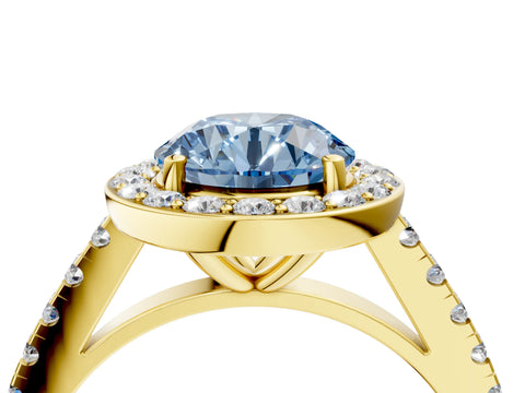 Yellow gold Fancy Blue Round Cut Halo Diamond Ring with Pavé Band and Three-Prong Setting_4