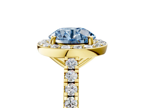 Yellow gold Fancy Blue Round Cut Halo Diamond Ring with Pavé Band and Three-Prong Setting_5