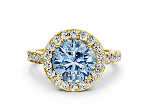 Yellow gold Fancy Blue Round Cut Halo Diamond Ring with Pavé Band and Three-Prong Setting