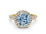 Yellow gold Fancy Blue Round Cut Halo Diamond Ring with Pavé Band