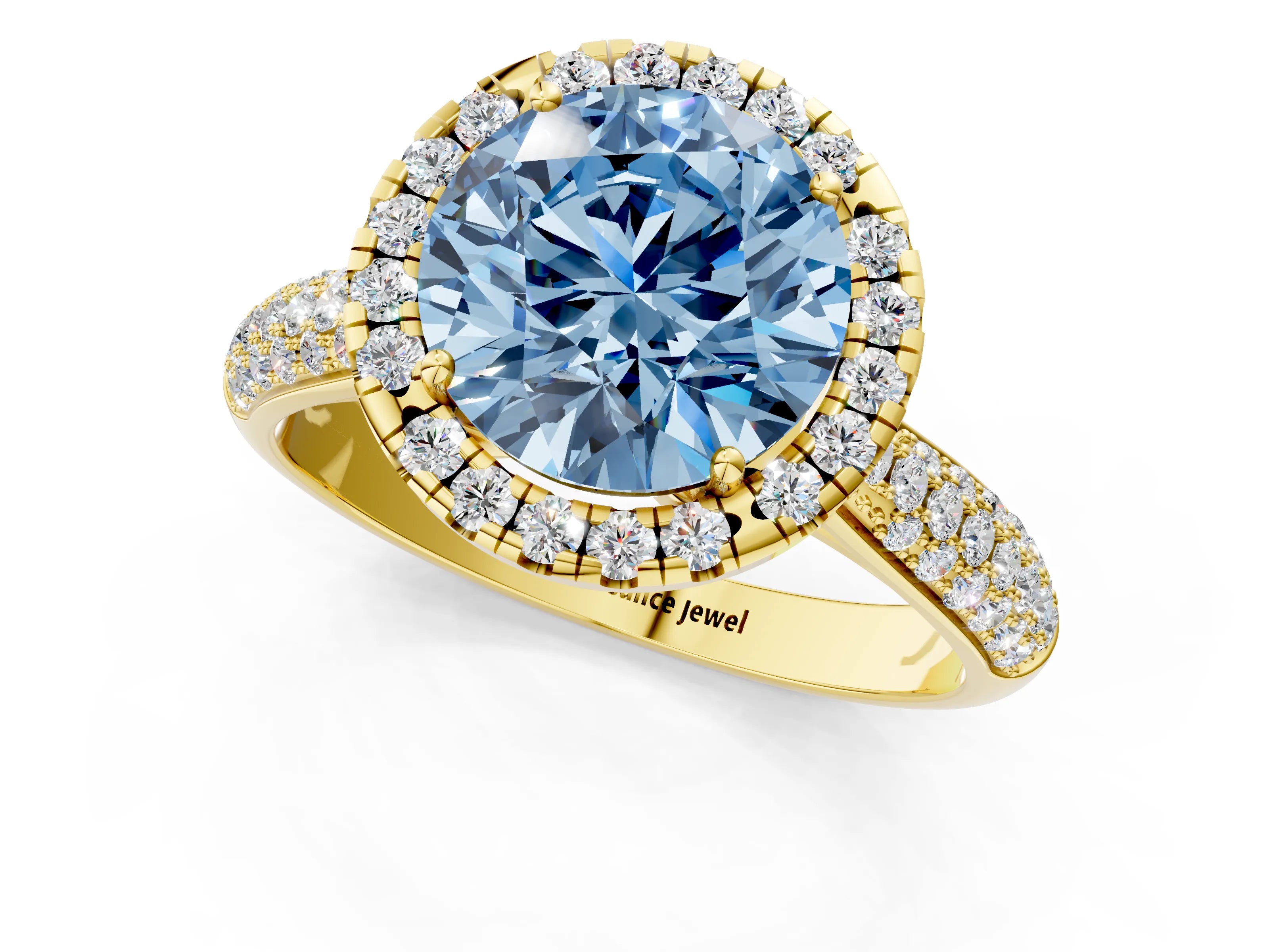 Yellow gold Fancy Blue Round Cut Halo Diamond Ring with Pavé Band_1