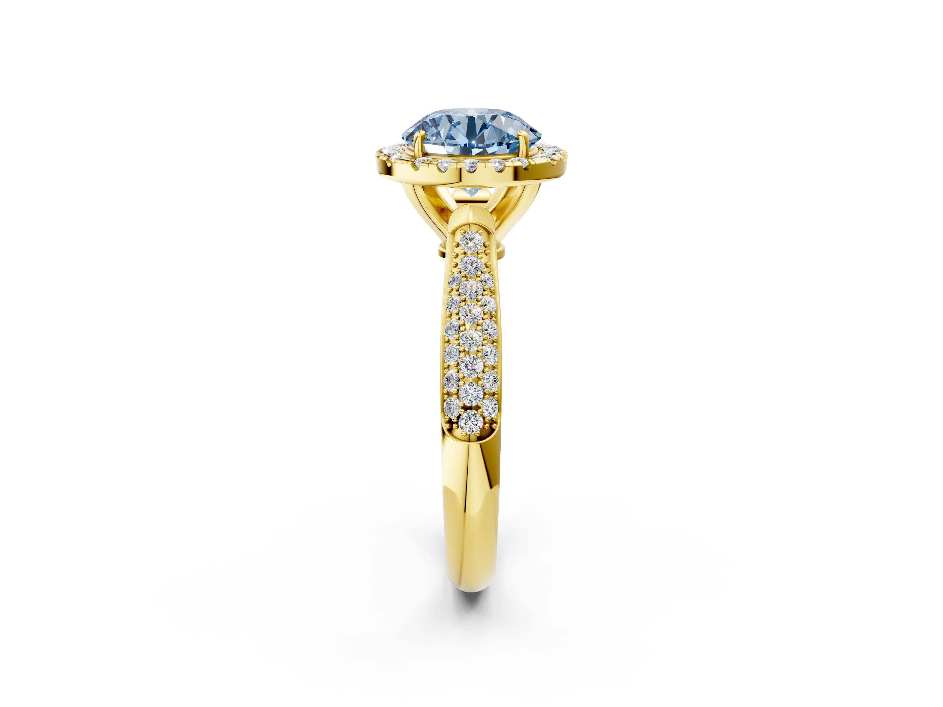 Yellow gold Fancy Blue Round Cut Halo Diamond Ring with Pavé Band_2