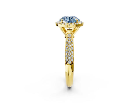 Yellow gold Fancy Blue Round Cut Halo Diamond Ring with Pavé Band_2