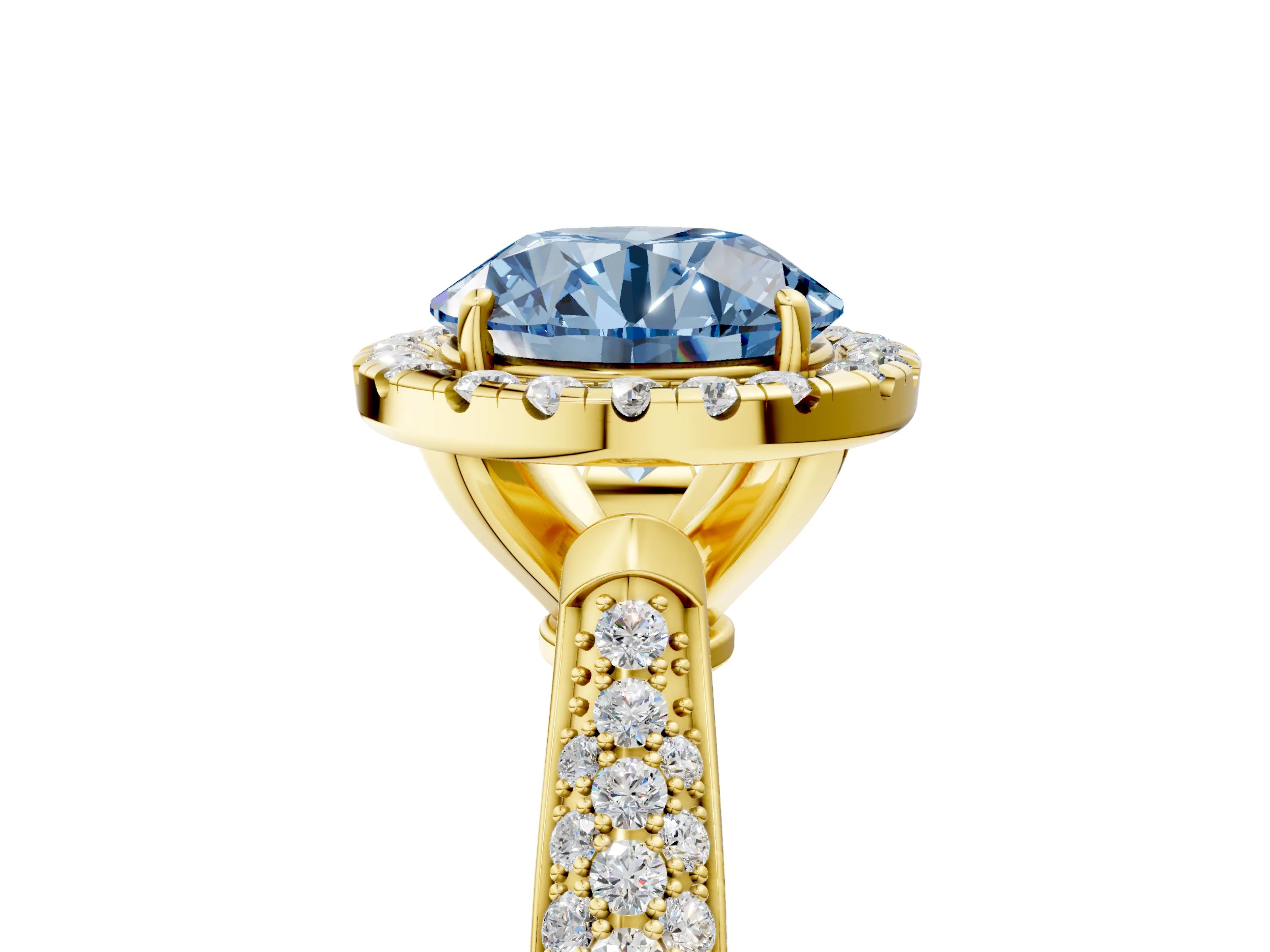 Yellow gold Fancy Blue Round Cut Halo Diamond Ring with Pavé Band_5