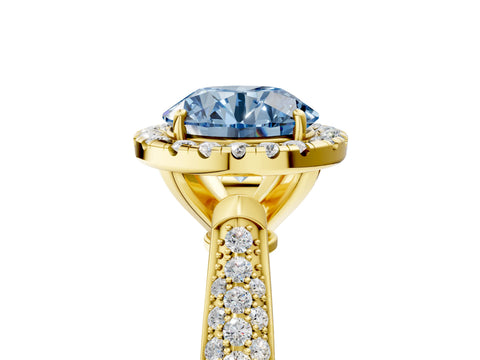 Yellow gold Fancy Blue Round Cut Halo Diamond Ring with Pavé Band_5