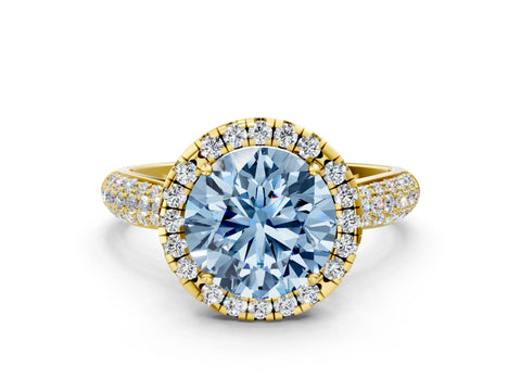 Yellow gold Fancy Blue Round Cut Halo Diamond Ring with Pavé Band