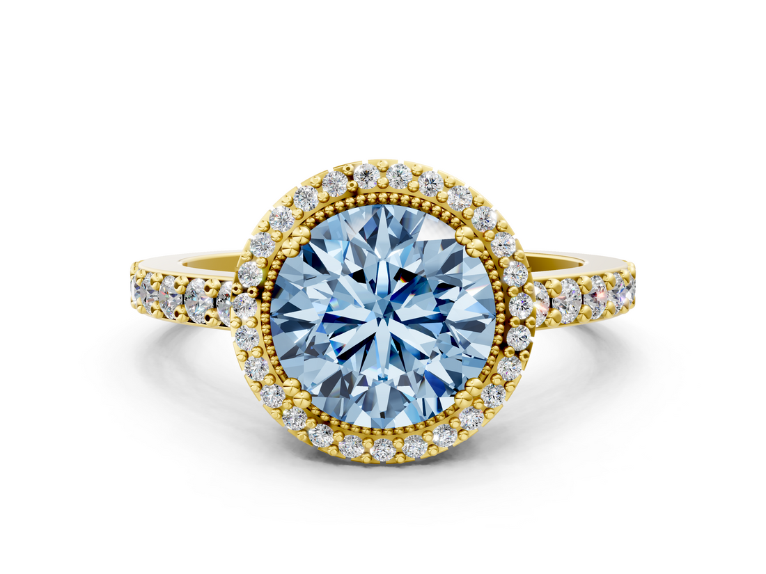 Yellow gold Fancy Blue Round  Cut Halo Diamond Ring with Pave Band and Four-Prong Setting_24