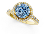 Yellow gold Fancy Blue Round  Cut Halo Diamond Ring with Pave Band and Four-Prong Setting_25