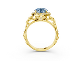Yellow gold Fancy Blue Round  Cut Halo Diamond Ring with Scrollwork Band and Four-Prong Setting_49