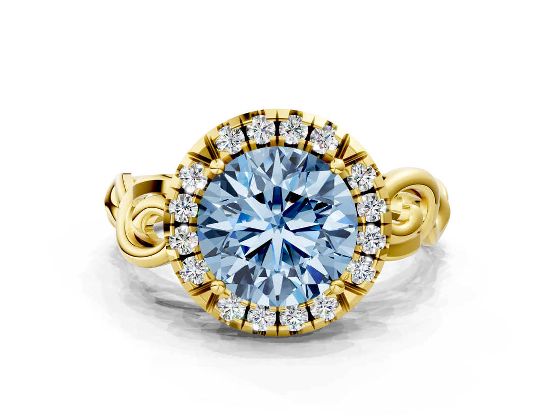Yellow gold Fancy Blue Round  Cut Halo Diamond Ring with Scrollwork Band and Four-Prong Setting_53