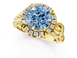 Yellow gold Fancy Blue Round  Cut Halo Diamond Ring with Scrollwork Band and Four-Prong Setting_54