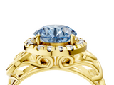 Yellow gold Fancy Blue Round  Cut Halo Diamond Ring with Scrollwork Band and Four-Prong Setting_57