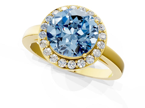 Yellow gold Fancy Blue Round Cut Halo Diamond Ring with Solitaire Band and Prong Setting_1