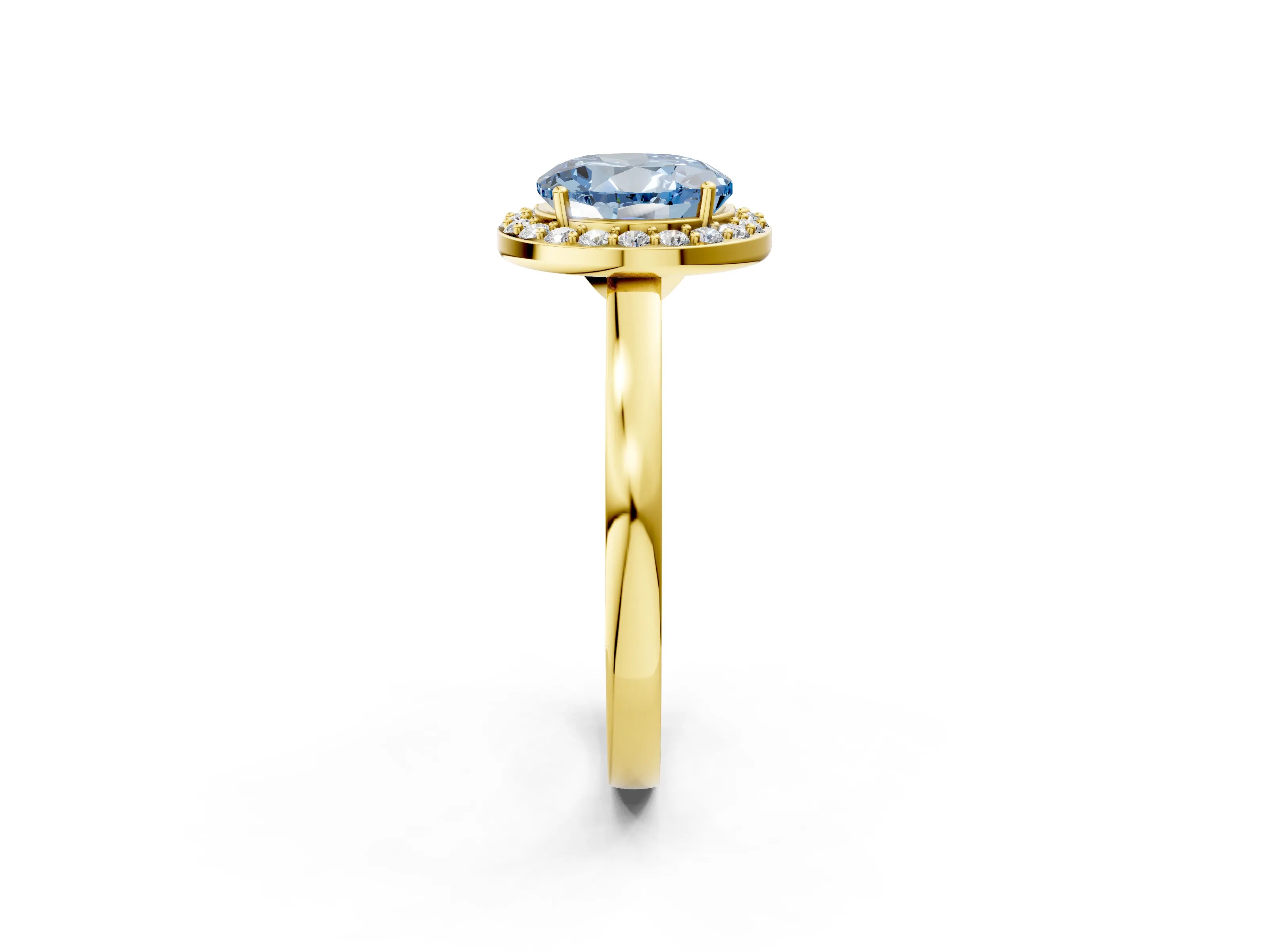 Yellow gold Fancy Blue Round Cut Halo Diamond Ring with Solitaire Band and Prong Setting_2