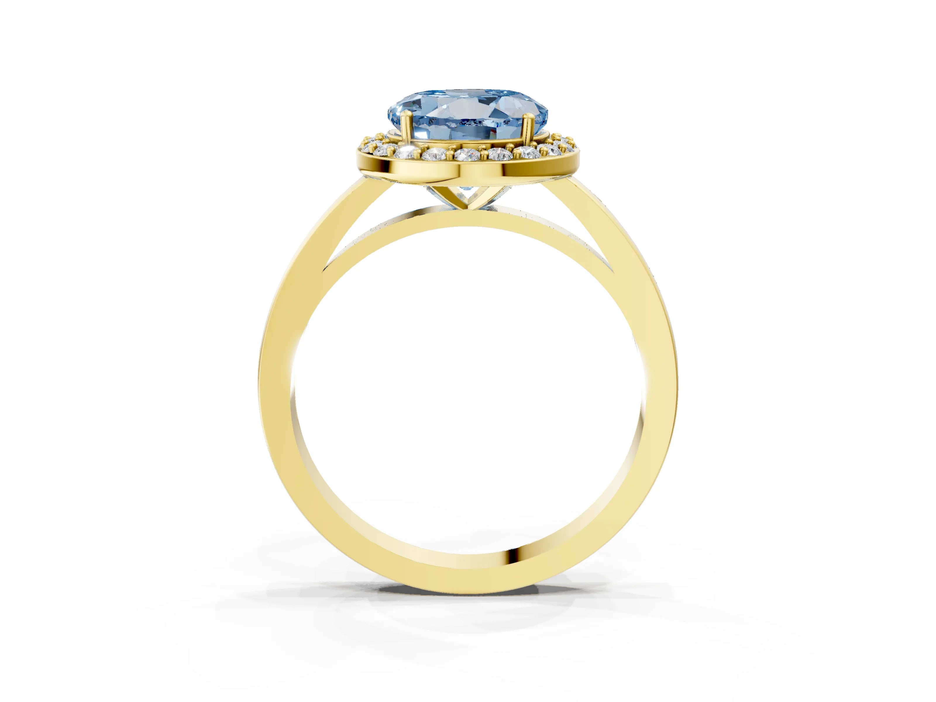 Yellow gold Fancy Blue Round Cut Halo Diamond Ring with Solitaire Band and Prong Setting_3