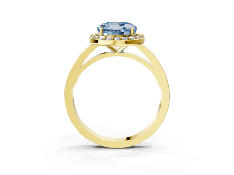 Yellow gold Fancy Blue Round Cut Halo Diamond Ring with Solitaire Band and Prong Setting_3