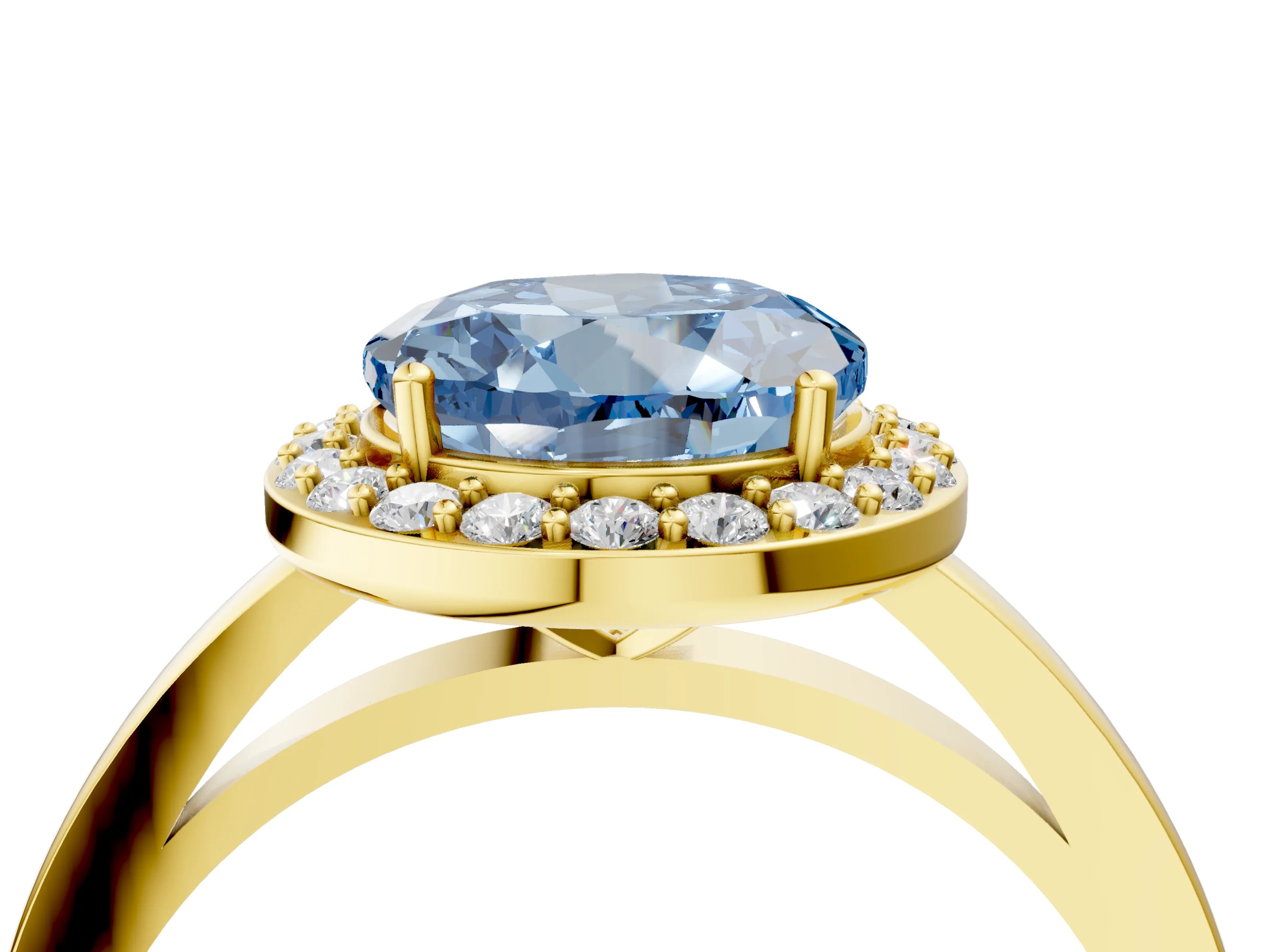 Yellow gold Fancy Blue Round Cut Halo Diamond Ring with Solitaire Band and Prong Setting_4