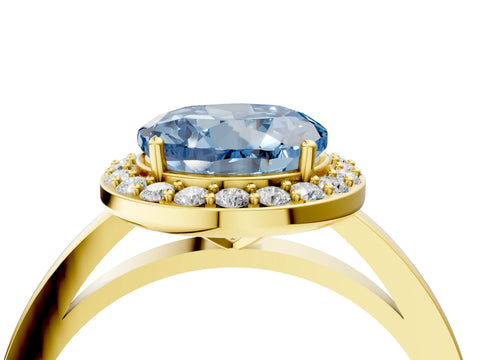 Yellow gold Fancy Blue Round Cut Halo Diamond Ring with Solitaire Band and Prong Setting_4