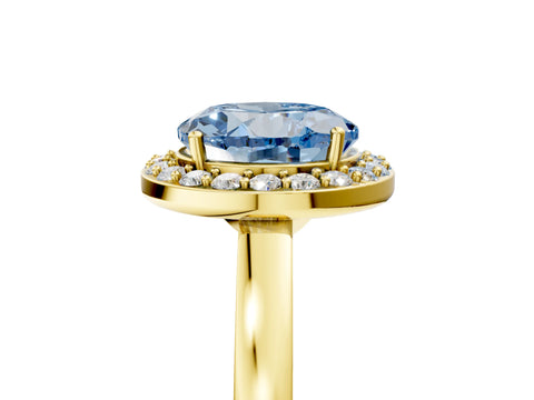 Yellow gold Fancy Blue Round Cut Halo Diamond Ring with Solitaire Band and Prong Setting_5
