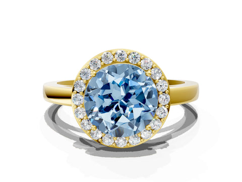 Yellow gold Fancy Blue Round Cut Halo Diamond Ring with Solitaire Band and Prong Setting