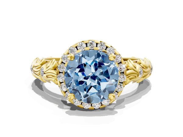 Yellow gold Fancy Blue Round Cut Halo Diamond Solitaire with Filigree Band and Four-Prong Setting